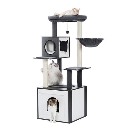 56.7" Cat Tree with Litter Box, Storage Cabinet, Cozy Cat Condo, Sisal Covered Scratching Post and Repalcable Dangling Balls, Black