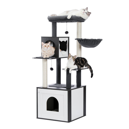 56.7" Cat Tree with Litter Box, Storage Cabinet, Cozy Cat Condo, Sisal Covered Scratching Post and Repalcable Dangling Balls, Black