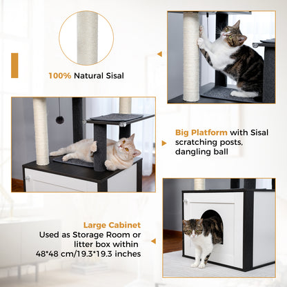 56.7" Cat Tree with Litter Box, Storage Cabinet, Cozy Cat Condo, Sisal Covered Scratching Post and Repalcable Dangling Balls, Black