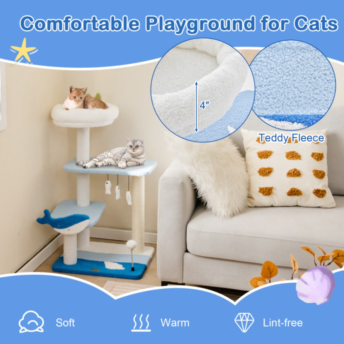 3-layer cat tree, cat climbing frame, multi-functional activity center Marine theme design