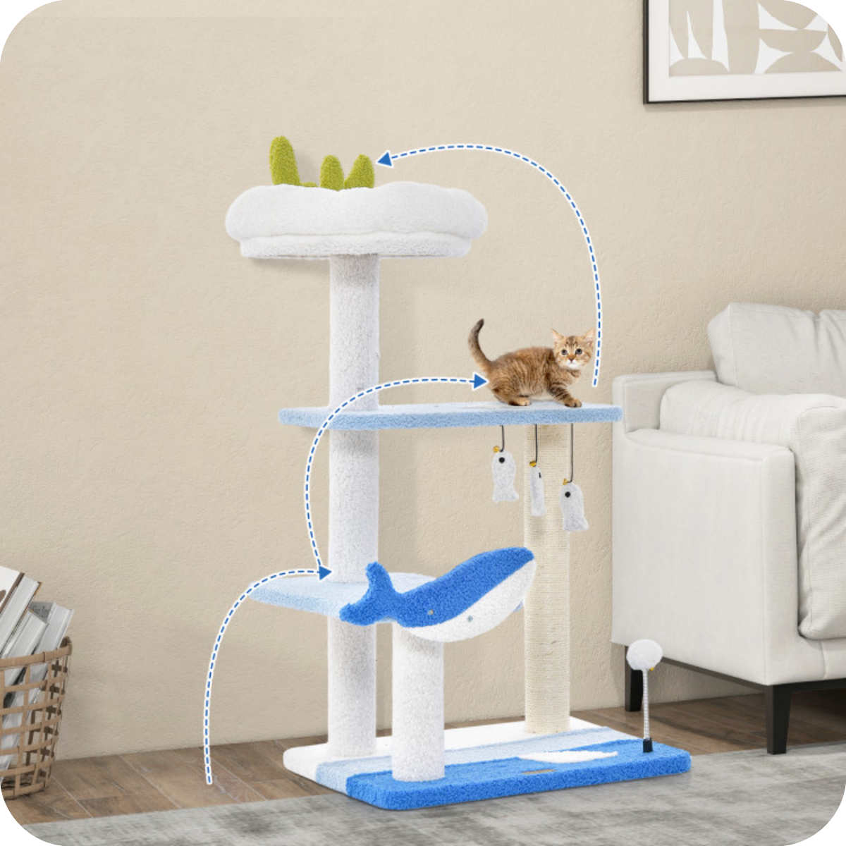 3-layer cat tree, cat climbing frame, multi-functional activity center Marine theme design