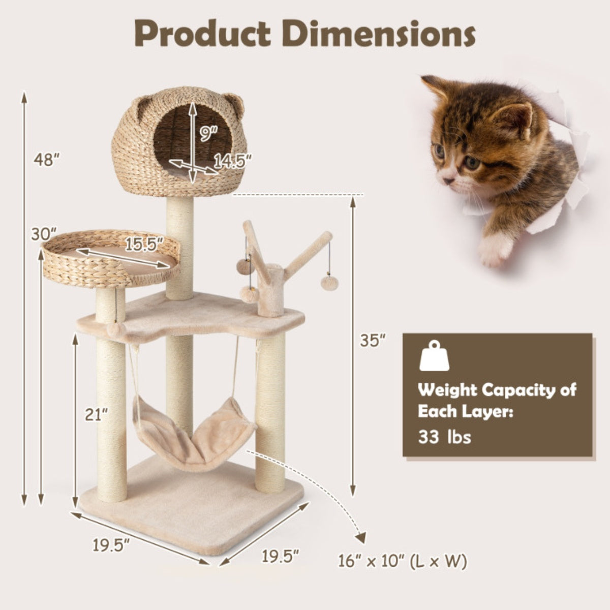 48" inch, Five-story cat tree with hammock