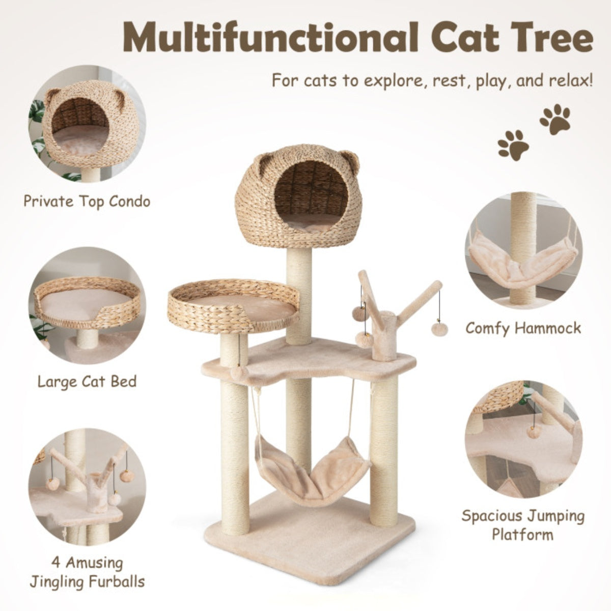 48" inch, Five-story cat tree with hammock