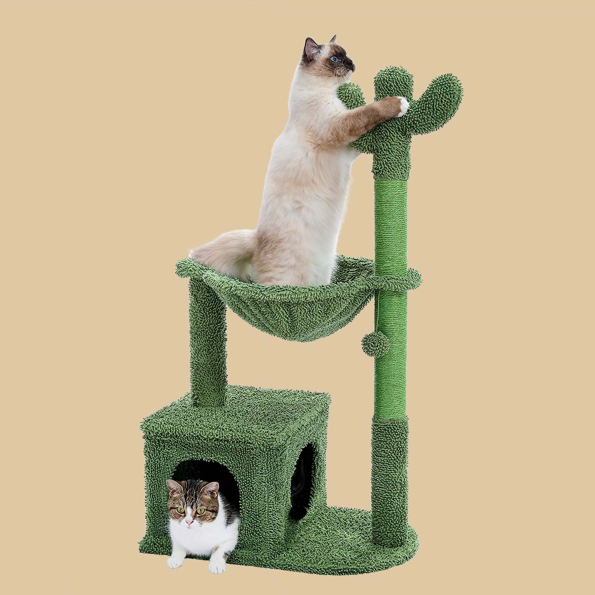 40" Cactus Cat Tree – Stylish Cat Tower with Metal Carpet Hammock, Condo, Scratching Post, and Dangling Ball