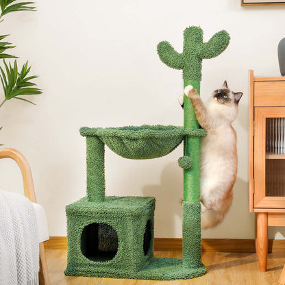 40" Cactus Cat Tree – Stylish Cat Tower with Metal Carpet Hammock, Condo, Scratching Post, and Dangling Ball