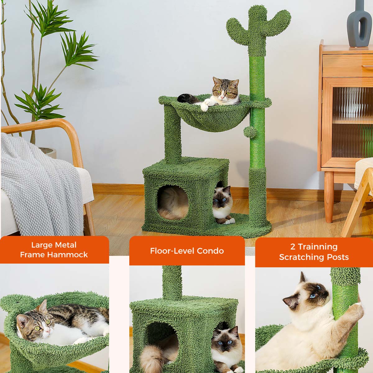 40" Cactus Cat Tree – Stylish Cat Tower with Metal Carpet Hammock, Condo, Scratching Post, and Dangling Ball