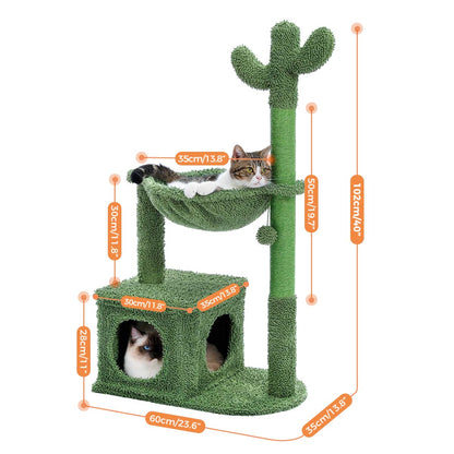 40" Cactus Cat Tree – Stylish Cat Tower with Metal Carpet Hammock, Condo, Scratching Post, and Dangling Ball