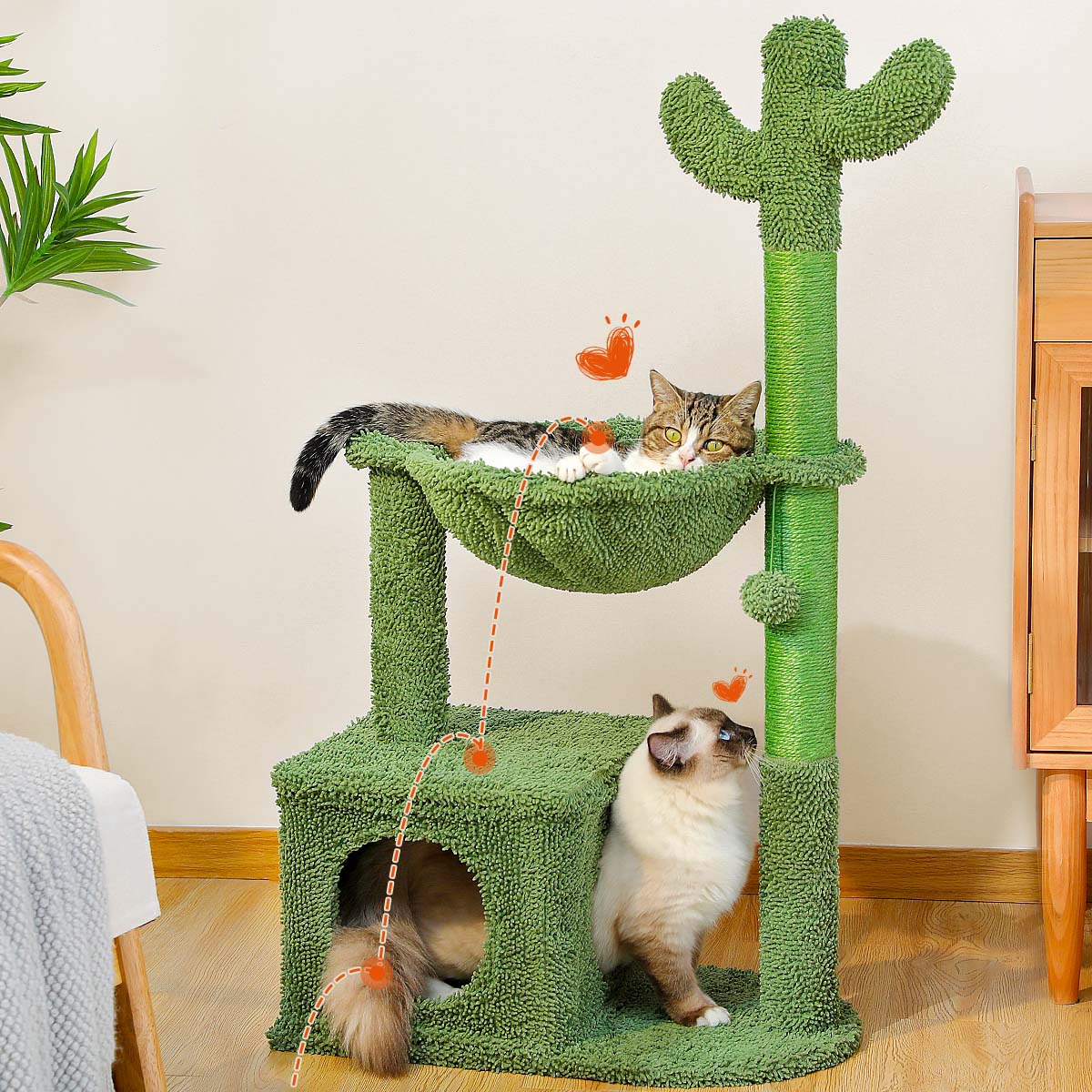 40" Cactus Cat Tree – Stylish Cat Tower with Metal Carpet Hammock, Condo, Scratching Post, and Dangling Ball