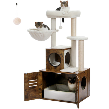 50-Inch Modern Cat Tree for Large Cats with Condo, Wooden Cat Furniture, Large Hammock & Top Perch. Rustic Brown