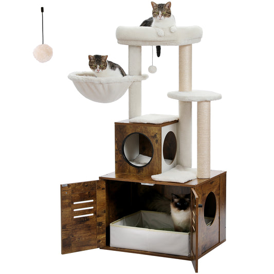 50-Inch Modern Cat Tree for Large Cats with Condo, Wooden Cat Furniture, Large Hammock & Top Perch. Rustic Brown