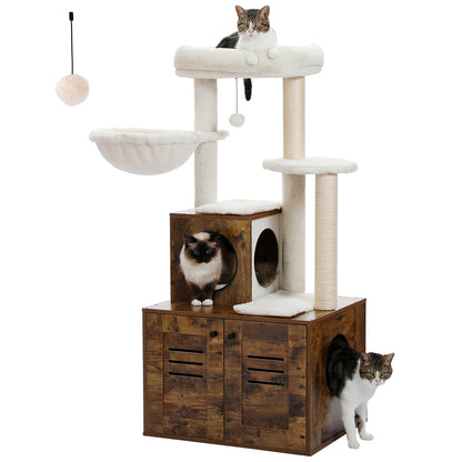 50-Inch Modern Cat Tree for Large Cats with Condo, Wooden Cat Furniture, Large Hammock & Top Perch. Rustic Brown