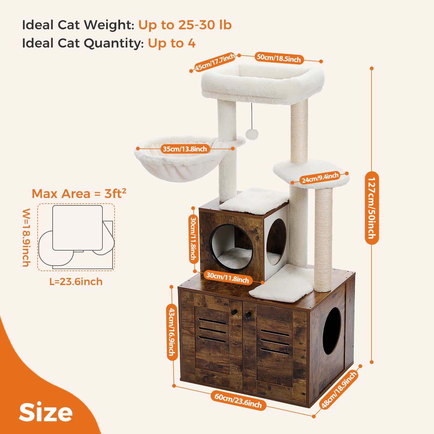 50-Inch Modern Cat Tree for Large Cats with Condo, Wooden Cat Furniture, Large Hammock & Top Perch. Rustic Brown