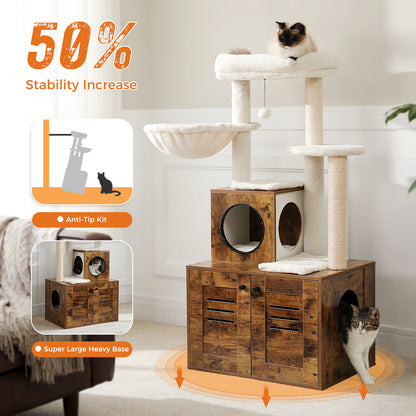 50-Inch Modern Cat Tree for Large Cats with Condo, Wooden Cat Furniture, Large Hammock & Top Perch. Rustic Brown