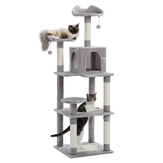 63'' inch Multi-Level Cat Tree Tower with Sisal-Covered Scratching Post, Cozy Cat Condo, Cat Hammock and Wide Top Perch. Grey