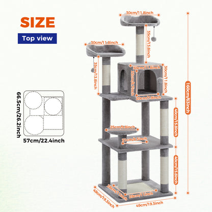 63'' inch Multi-Level Cat Tree Tower with Sisal-Covered Scratching Post, Cozy Cat Condo, Cat Hammock and Wide Top Perch. Grey