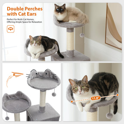 63'' inch Multi-Level Cat Tree Tower with Sisal-Covered Scratching Post, Cozy Cat Condo, Cat Hammock and Wide Top Perch. Grey