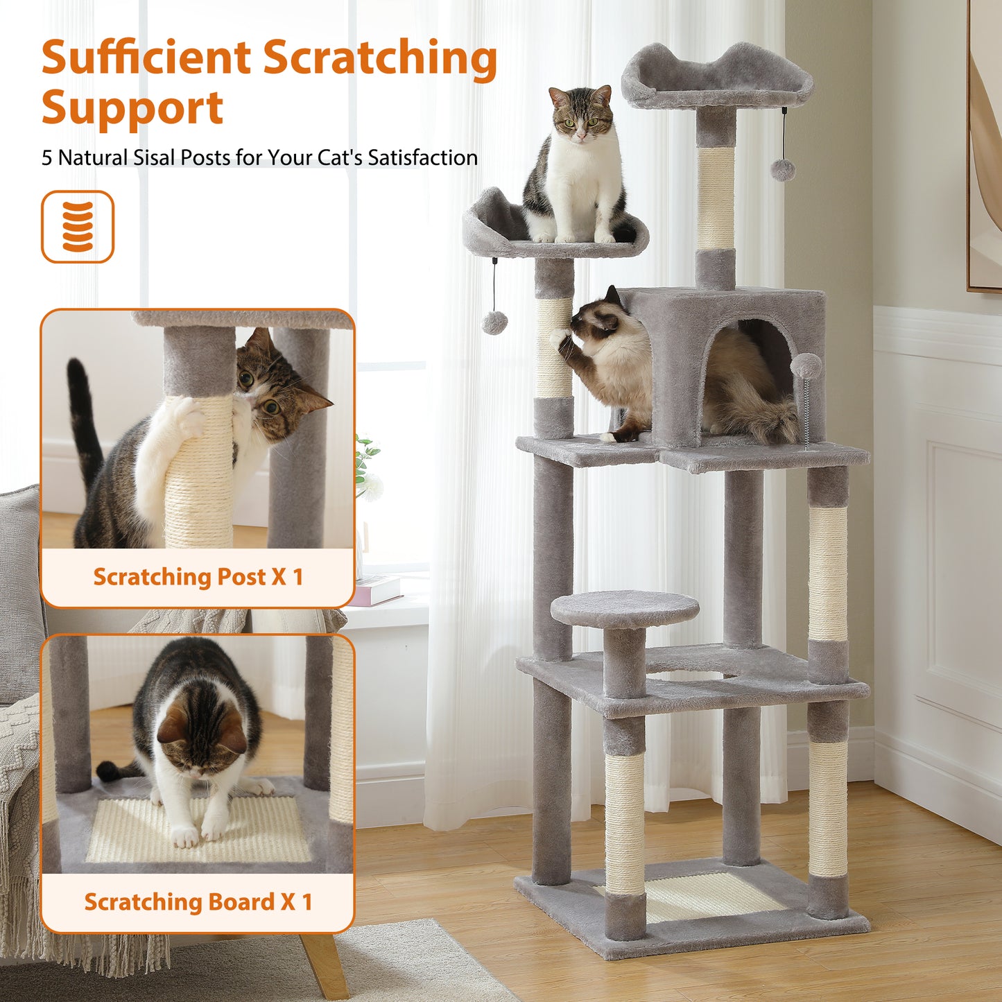 63'' inch Multi-Level Cat Tree Tower with Sisal-Covered Scratching Post, Cozy Cat Condo, Cat Hammock and Wide Top Perch. Grey