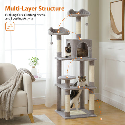 63'' inch Multi-Level Cat Tree Tower with Sisal-Covered Scratching Post, Cozy Cat Condo, Cat Hammock and Wide Top Perch. Grey