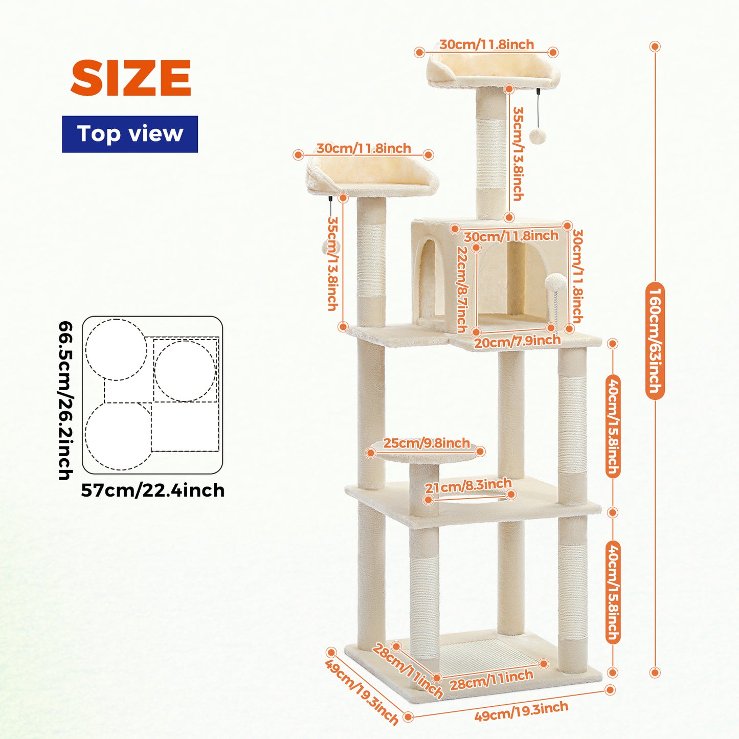 63'' inch Multi-Level Cat Tree Tower with Sisal-Covered Scratching Post, Cozy Cat Condo, Cat Hammock and Wide Top Perch. Beige