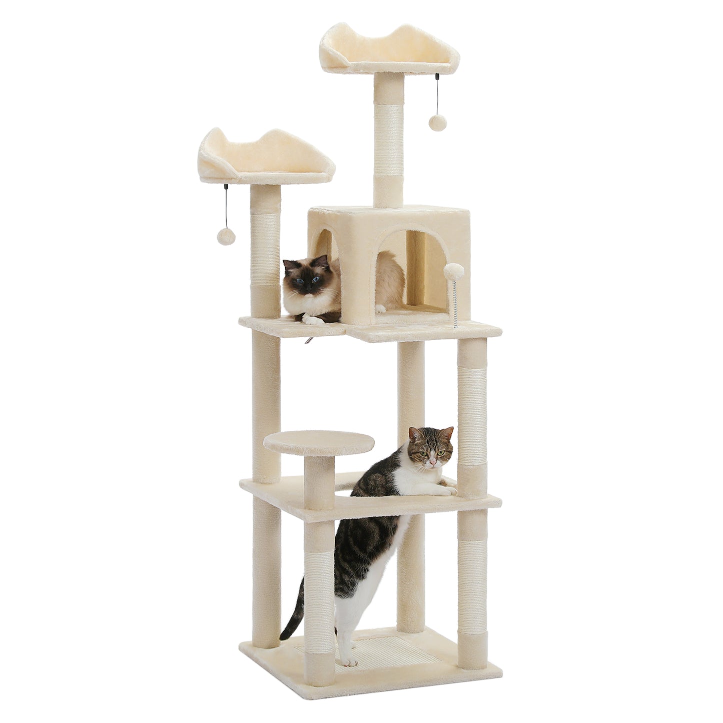 63'' inch Multi-Level Cat Tree Tower with Sisal-Covered Scratching Post, Cozy Cat Condo, Cat Hammock and Wide Top Perch. Beige