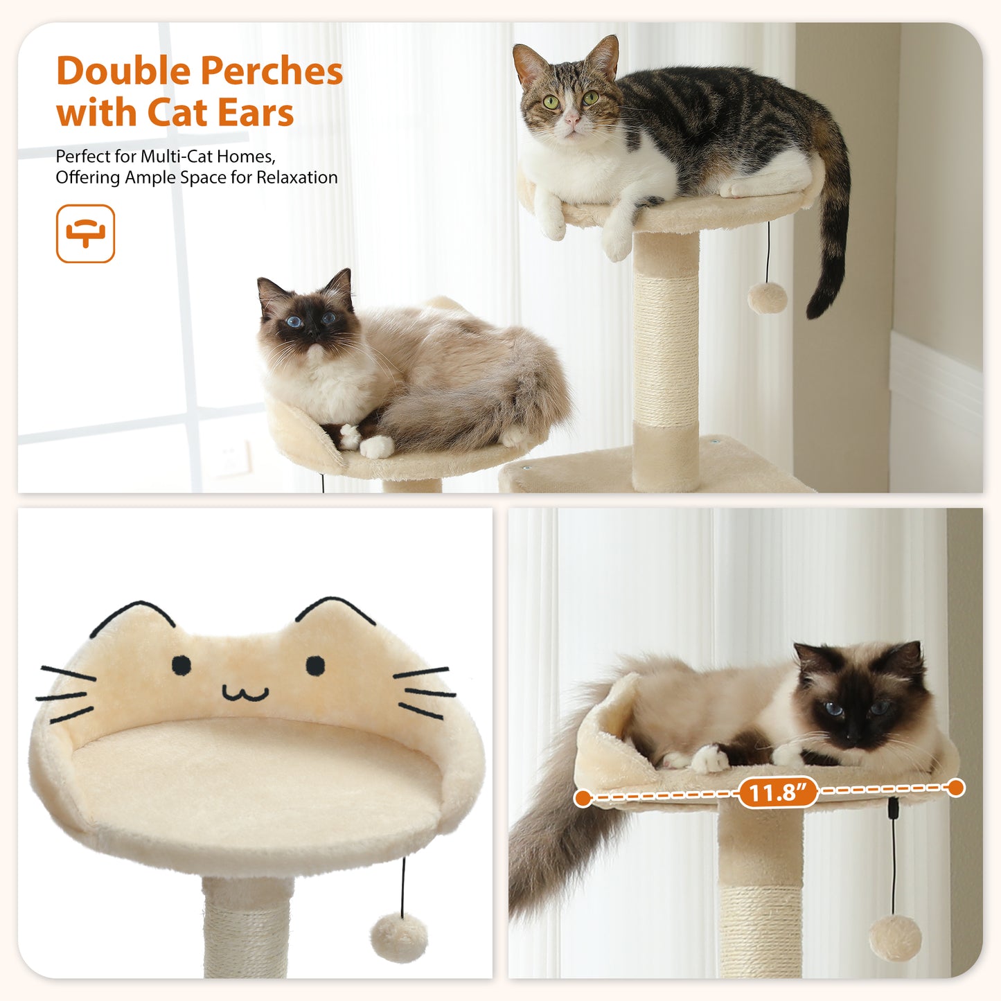 63'' inch Multi-Level Cat Tree Tower with Sisal-Covered Scratching Post, Cozy Cat Condo, Cat Hammock and Wide Top Perch. Beige