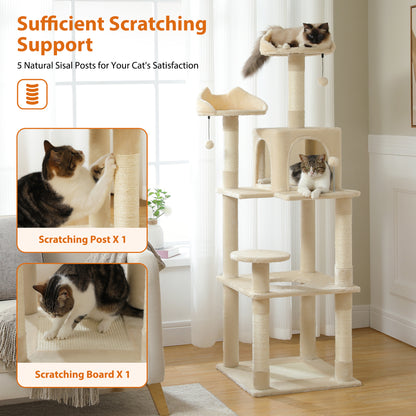 63'' inch Multi-Level Cat Tree Tower with Sisal-Covered Scratching Post, Cozy Cat Condo, Cat Hammock and Wide Top Perch. Beige