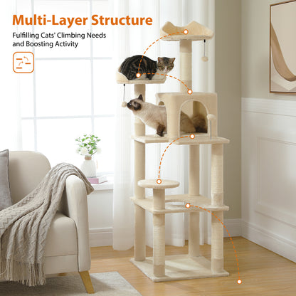 63'' inch Multi-Level Cat Tree Tower with Sisal-Covered Scratching Post, Cozy Cat Condo, Cat Hammock and Wide Top Perch. Beige