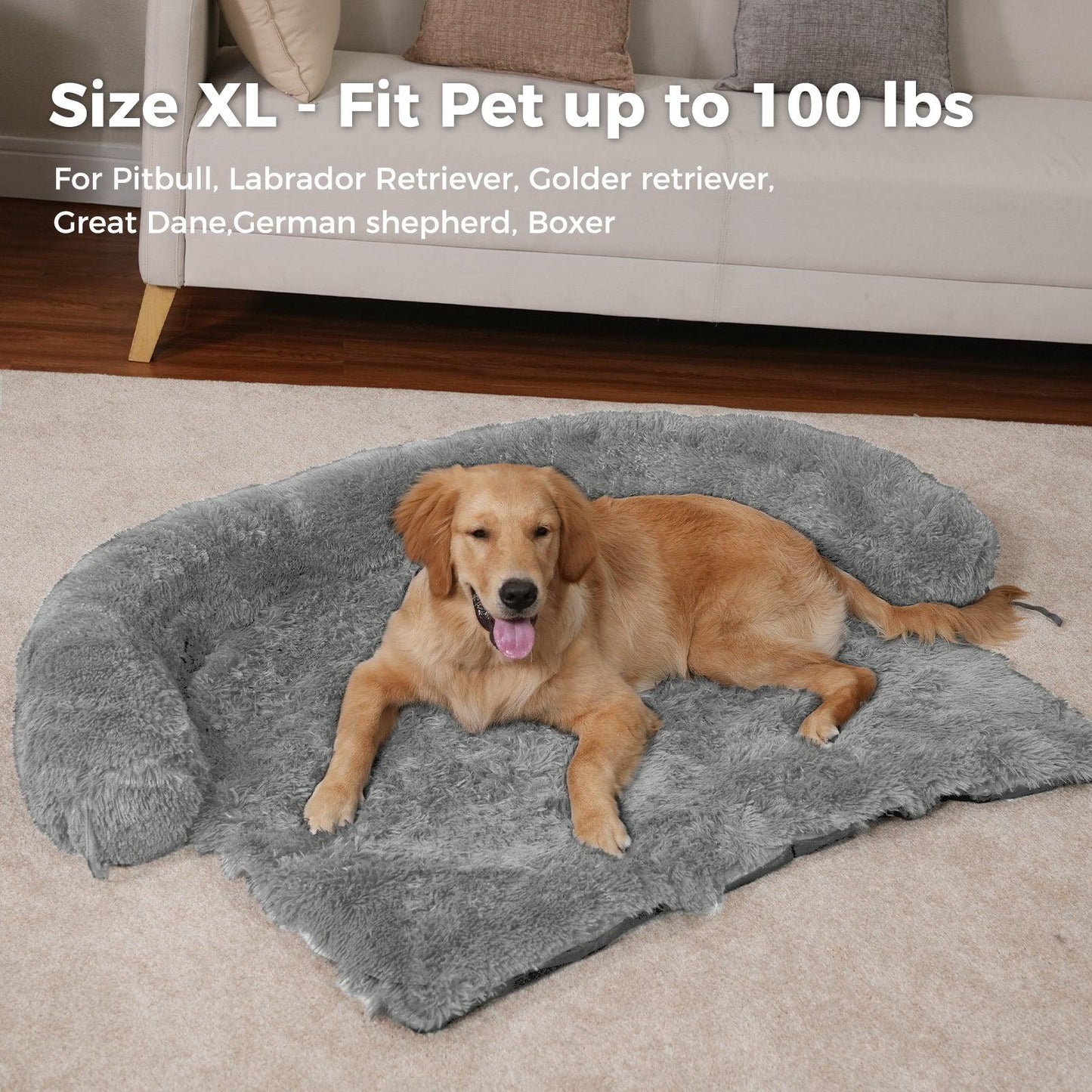 Large Sized Dog Bed, Fluffy Dog Bed Couch Cover, Calming Large Dog Bed, Washable Dog Mat for Furniture Protector, Grey - Adalonia