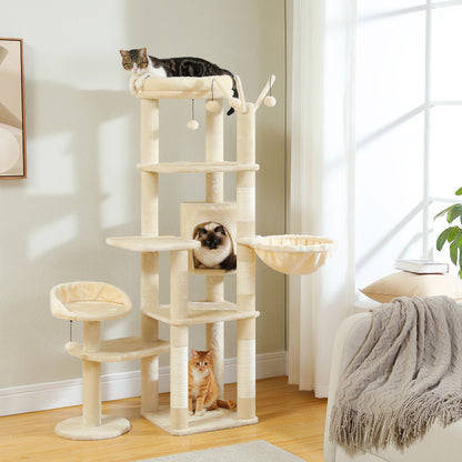 59" inch Cat Tree Tower, Multi-Level with 3 Removable Pompom Sticks, Cat Condo, Large Hammock, Scratching Post and 2 Perches. Beige