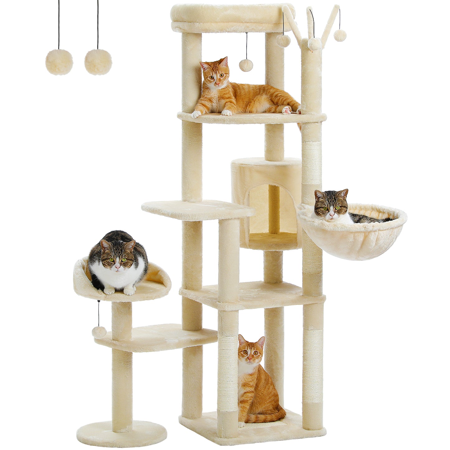 59" inch Cat Tree Tower, Multi-Level with 3 Removable Pompom Sticks, Cat Condo, Large Hammock, Scratching Post and 2 Perches. Beige