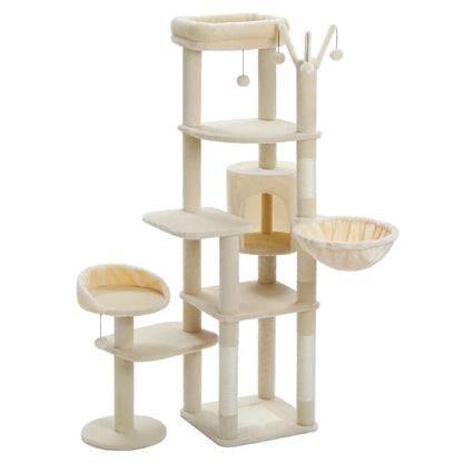 59" inch Cat Tree Tower, Multi-Level with 3 Removable Pompom Sticks, Cat Condo, Large Hammock, Scratching Post and 2 Perches. Beige