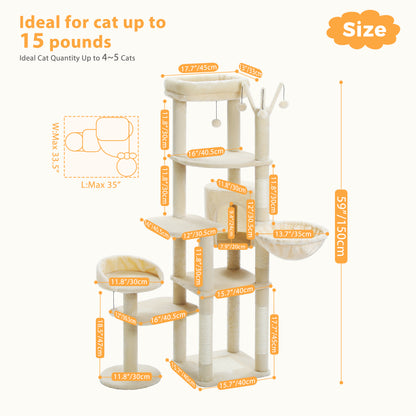 59" inch Cat Tree Tower, Multi-Level with 3 Removable Pompom Sticks, Cat Condo, Large Hammock, Scratching Post and 2 Perches. Beige