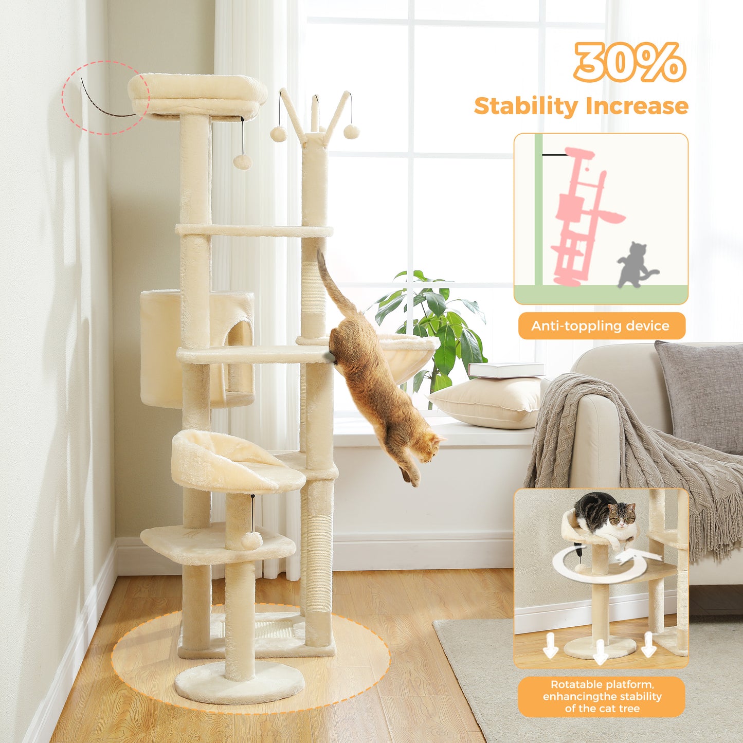 59" inch Cat Tree Tower, Multi-Level with 3 Removable Pompom Sticks, Cat Condo, Large Hammock, Scratching Post and 2 Perches. Beige