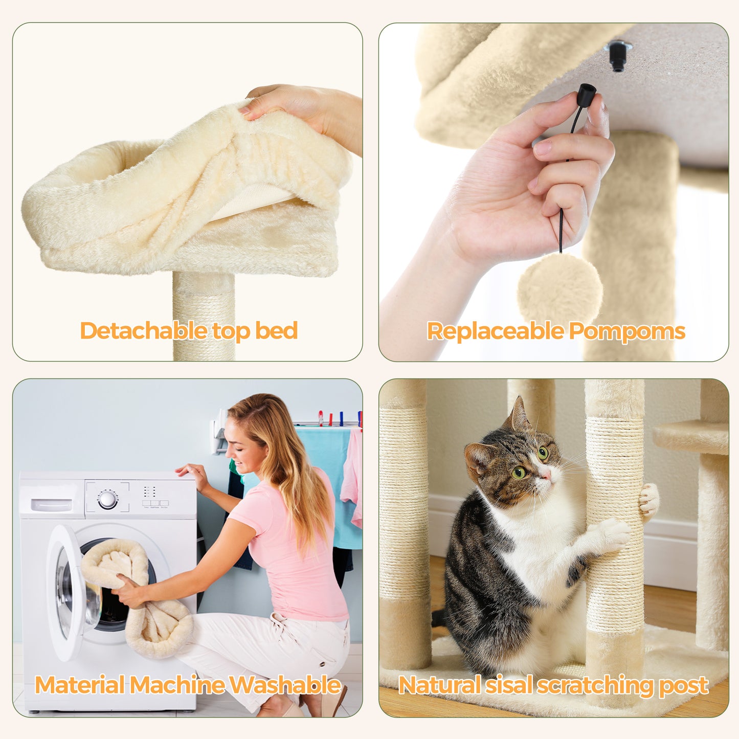 59" inch Cat Tree Tower, Multi-Level with 3 Removable Pompom Sticks, Cat Condo, Large Hammock, Scratching Post and 2 Perches. Beige