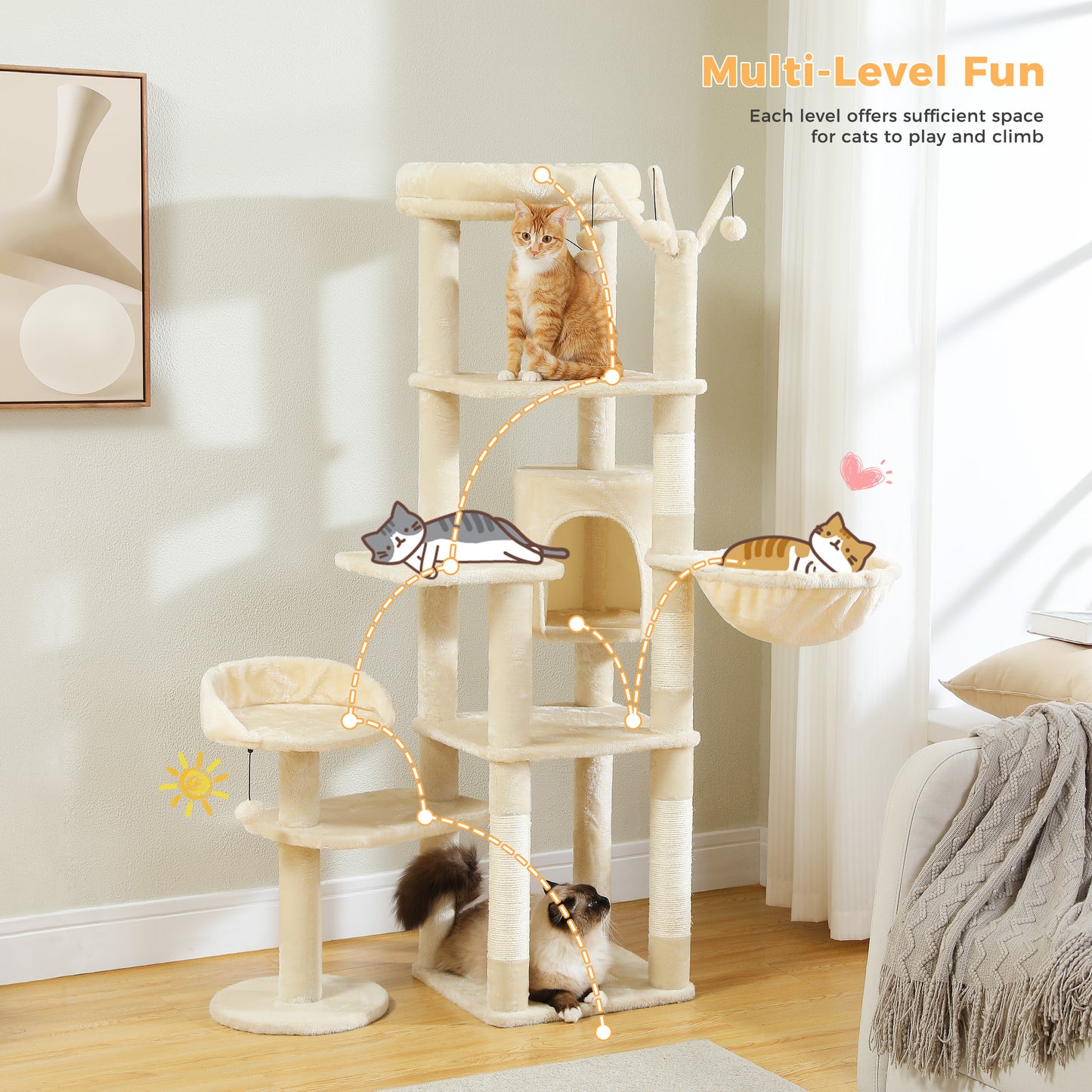 59" inch Cat Tree Tower, Multi-Level with 3 Removable Pompom Sticks, Cat Condo, Large Hammock, Scratching Post and 2 Perches. Beige