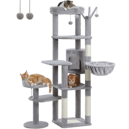 59" inch Cat Tree Tower, Multi-Level with 3 Removable Pompom Sticks, Cat Condo, Large Hammock, Scratching Post and 2 Perches. Grey