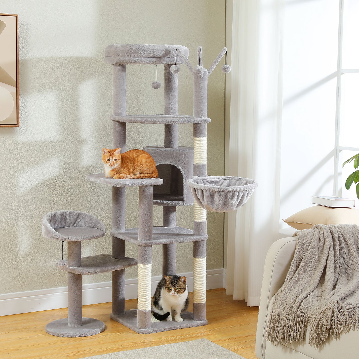 59" inch Cat Tree Tower, Multi-Level with 3 Removable Pompom Sticks, Cat Condo, Large Hammock, Scratching Post and 2 Perches. Grey