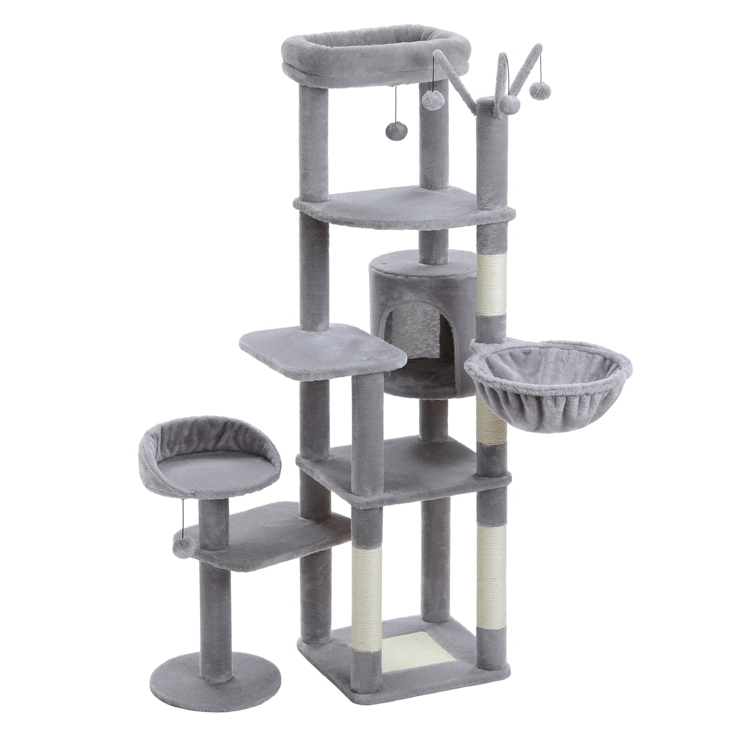 59" inch Cat Tree Tower, Multi-Level with 3 Removable Pompom Sticks, Cat Condo, Large Hammock, Scratching Post and 2 Perches. Grey