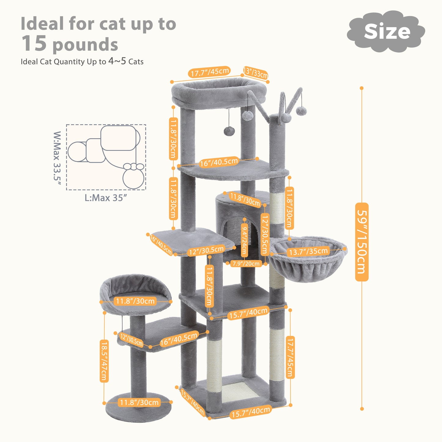 59" inch Cat Tree Tower, Multi-Level with 3 Removable Pompom Sticks, Cat Condo, Large Hammock, Scratching Post and 2 Perches. Grey