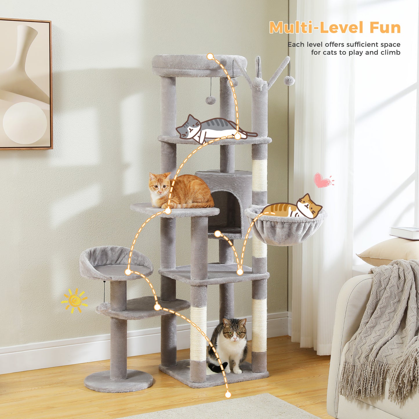 59" inch Cat Tree Tower, Multi-Level with 3 Removable Pompom Sticks, Cat Condo, Large Hammock, Scratching Post and 2 Perches. Grey