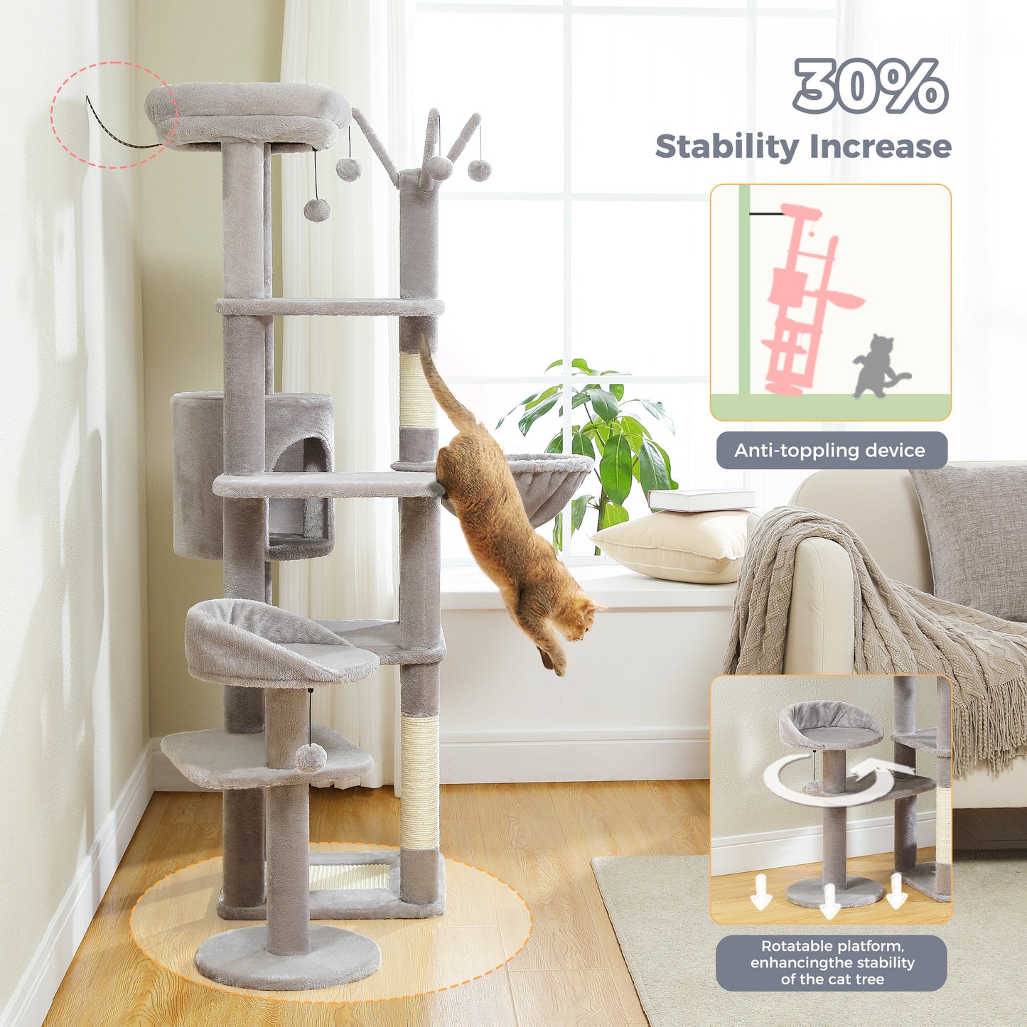 59" inch Cat Tree Tower, Multi-Level with 3 Removable Pompom Sticks, Cat Condo, Large Hammock, Scratching Post and 2 Perches. Grey