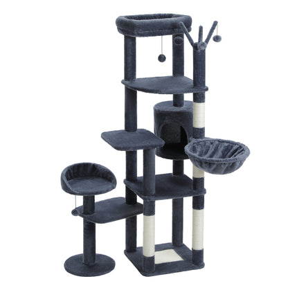 59" inch Cat Tree Tower, Multi-Level with 3 Removable Pompom Sticks, Cat Condo, Large Hammock, Scratching Post and 2 Perches. Deep Grey