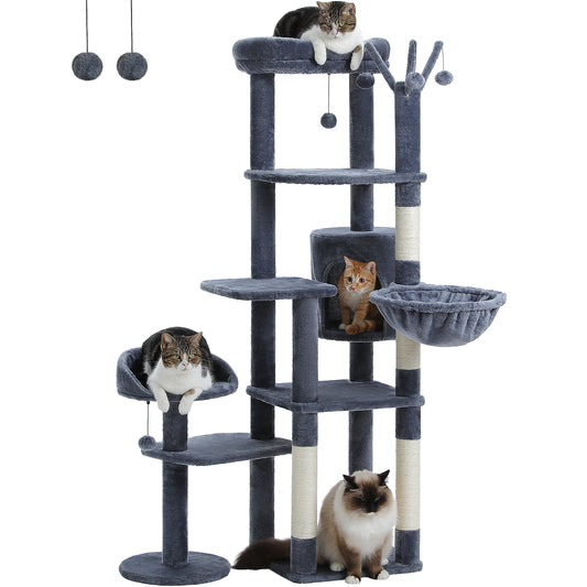 59" inch Cat Tree Tower, Multi-Level with 3 Removable Pompom Sticks, Cat Condo, Large Hammock, Scratching Post and 2 Perches. Deep Grey