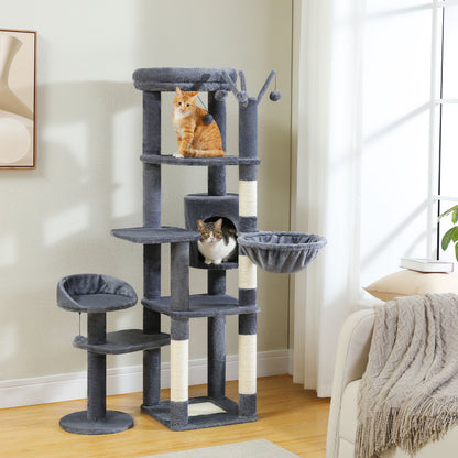 59" inch Cat Tree Tower, Multi-Level with 3 Removable Pompom Sticks, Cat Condo, Large Hammock, Scratching Post and 2 Perches. Deep Grey