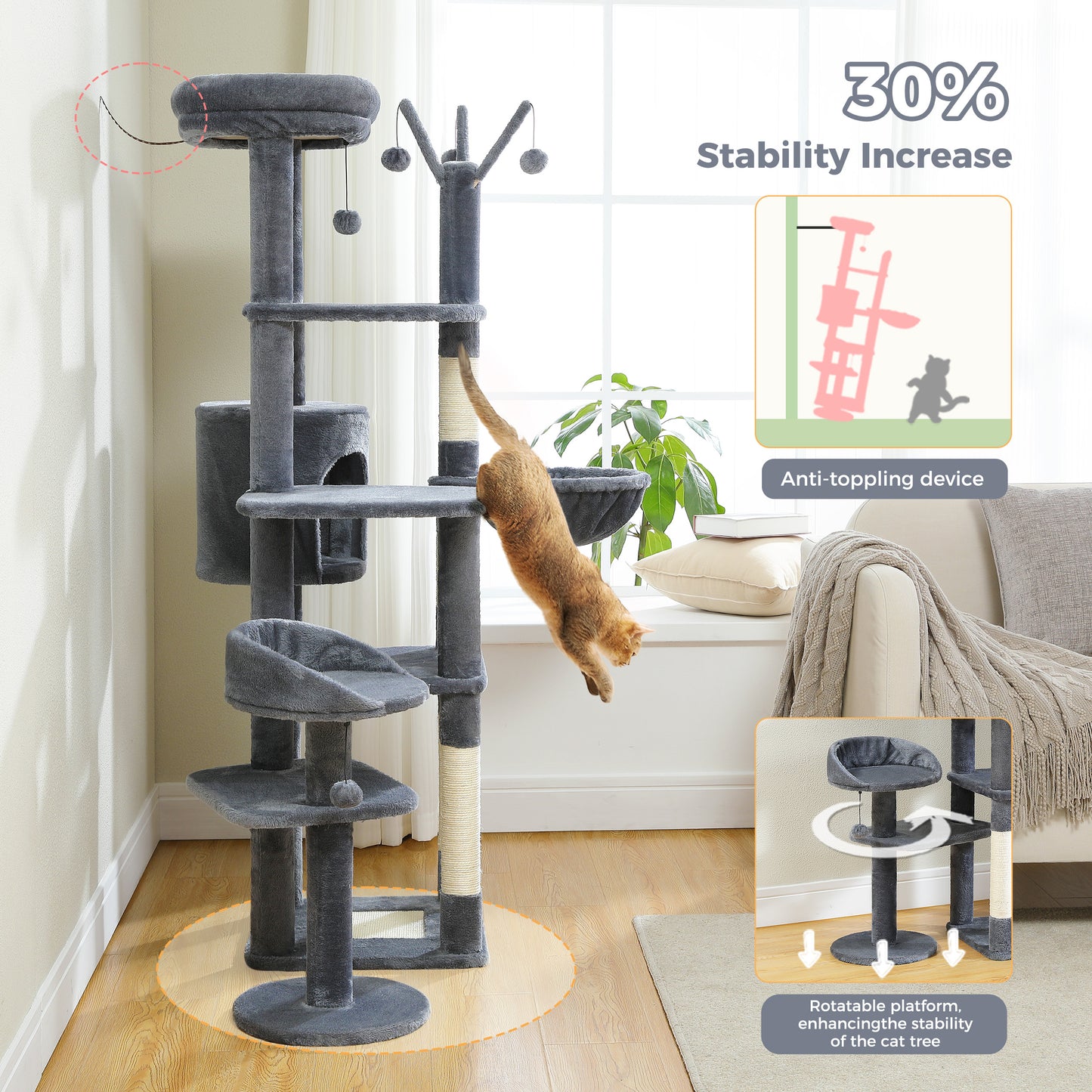 59" inch Cat Tree Tower, Multi-Level with 3 Removable Pompom Sticks, Cat Condo, Large Hammock, Scratching Post and 2 Perches. Deep Grey