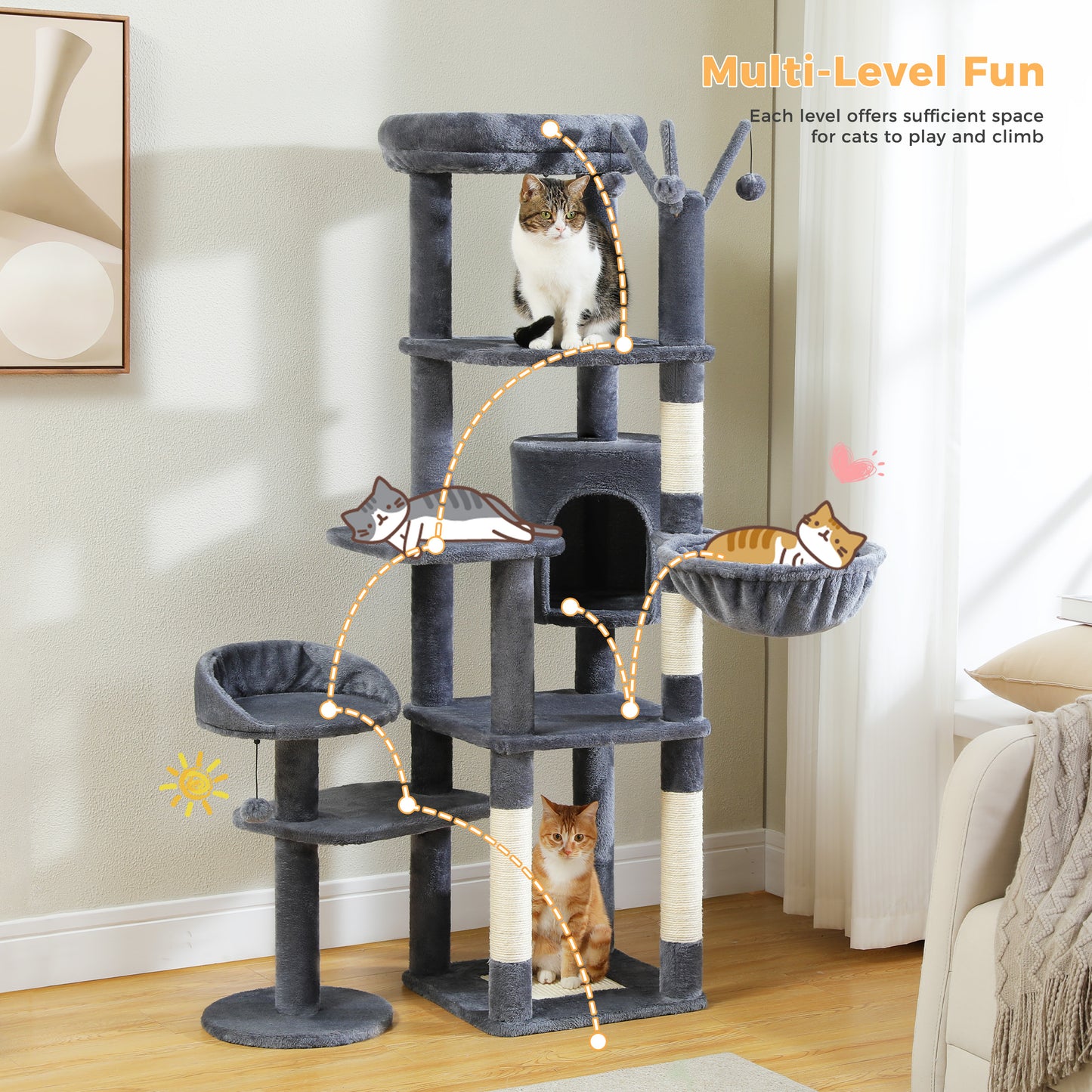 59" inch Cat Tree Tower, Multi-Level with 3 Removable Pompom Sticks, Cat Condo, Large Hammock, Scratching Post and 2 Perches. Deep Grey