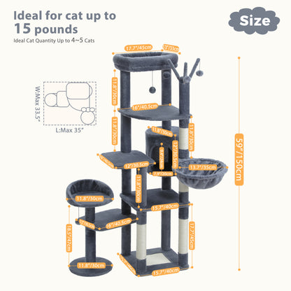 59" inch Cat Tree Tower, Multi-Level with 3 Removable Pompom Sticks, Cat Condo, Large Hammock, Scratching Post and 2 Perches. Deep Grey