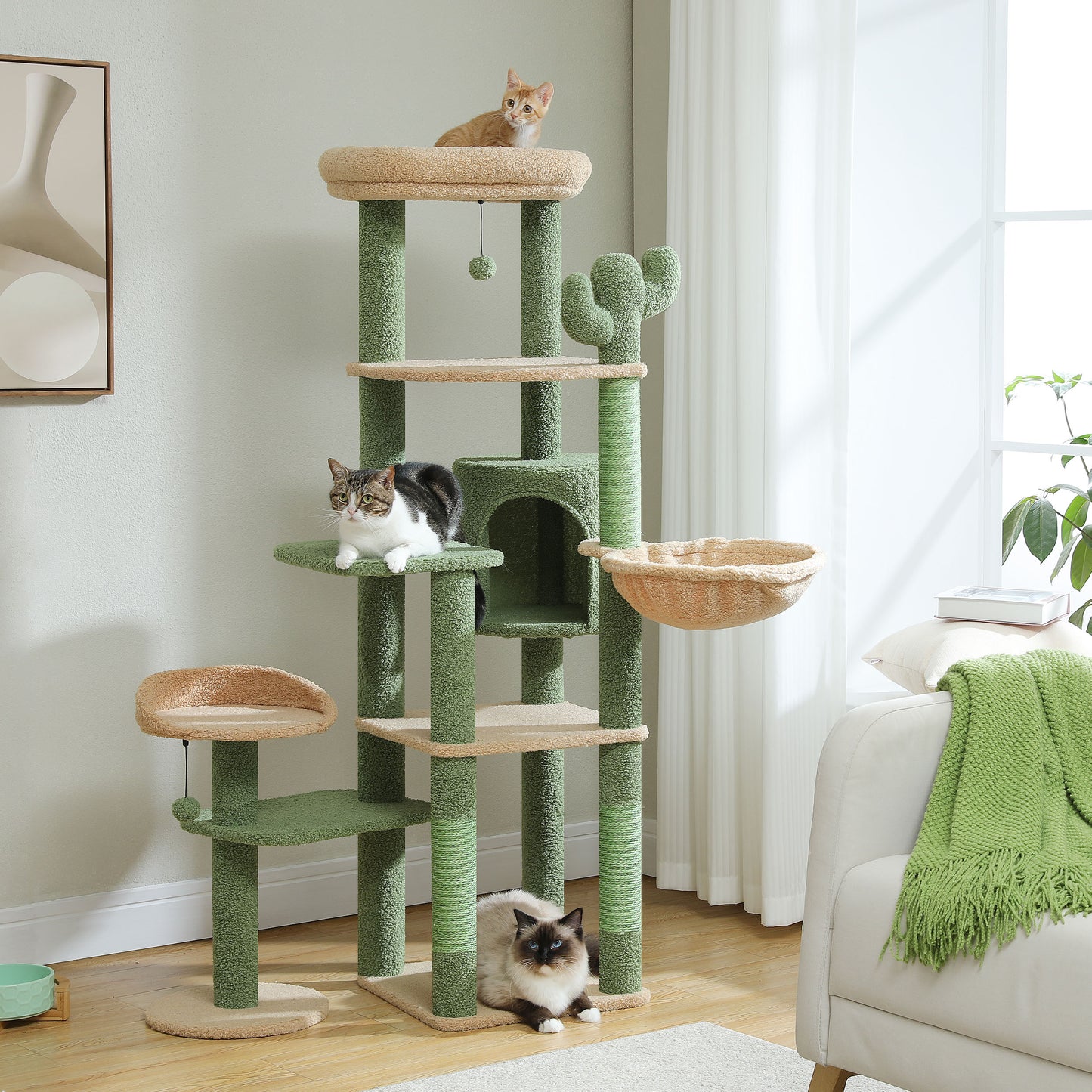 59" inch Cat Tree Tower, Multi-Level with 3 Removable Pompom Sticks, Cat Condo, Large Hammock, Scratching Post and 2 Perches. Green