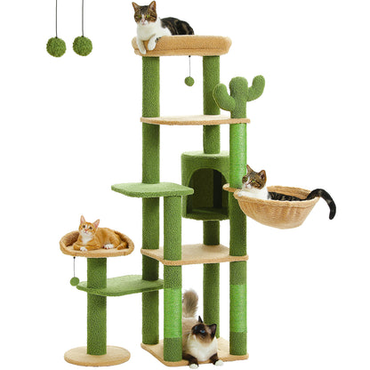 59" inch Cat Tree Tower, Multi-Level with 3 Removable Pompom Sticks, Cat Condo, Large Hammock, Scratching Post and 2 Perches. Green