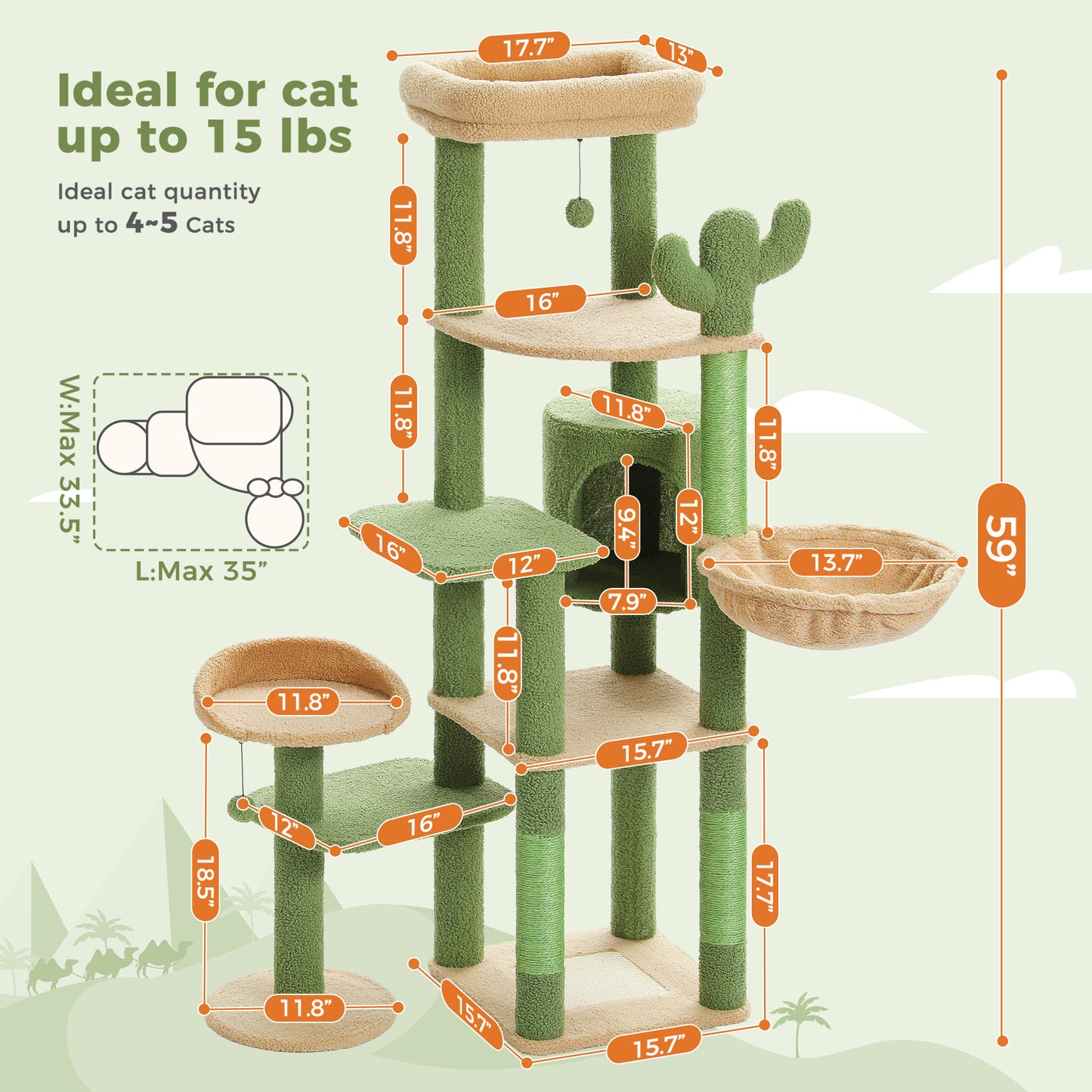 59" inch Cat Tree Tower, Multi-Level with 3 Removable Pompom Sticks, Cat Condo, Large Hammock, Scratching Post and 2 Perches. Green